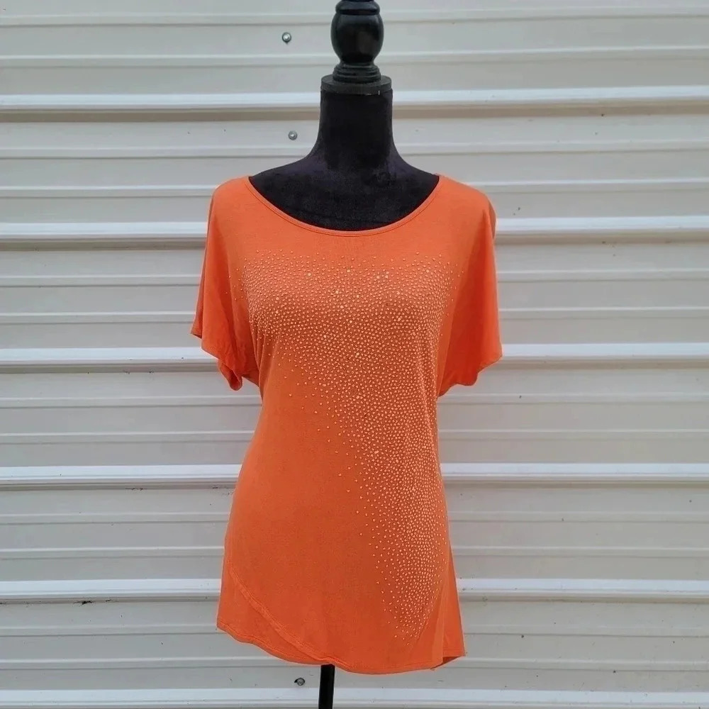 B.L.E.U. Shirt Womens Size L Orange Short Sleeve Studded Rayon Stretch Kimono